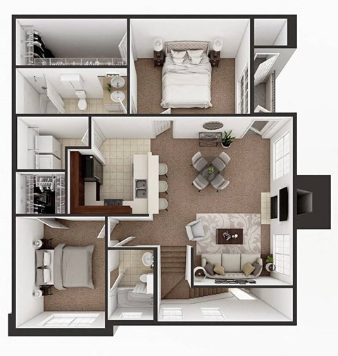 Floor plan for 2 beds, 2 baths, 1073 sqft